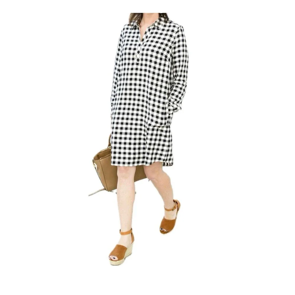 J. Jill Gingham Buffalo Plaid Checkered Tunic Rolled Sleeves Shirt Dress S Tall
